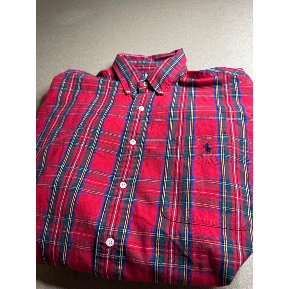 Ralph Lauren Big Shirt Mens Large Red Plaid Cotton Button Down Long Sleeve Pony